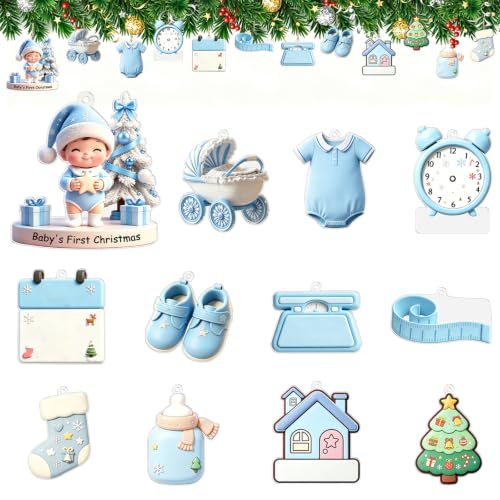 12 Pcs Baby's First Christmas Ornament Set - Blue Acrylic Flat Keepsake Decorations with Pen