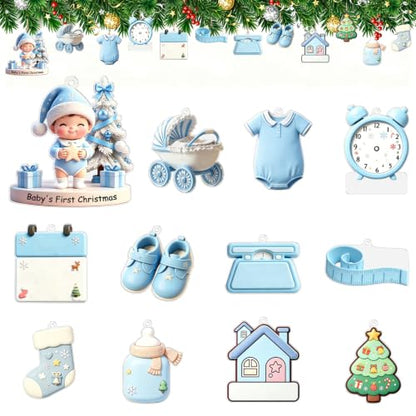 12 Pcs Baby's First Christmas Ornament Set - Blue Acrylic Flat Keepsake Decorations with Pen