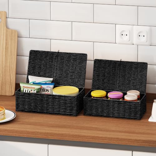 Black Wicker Storage Baskets with Lids - Set of 2 Handwoven Organizers