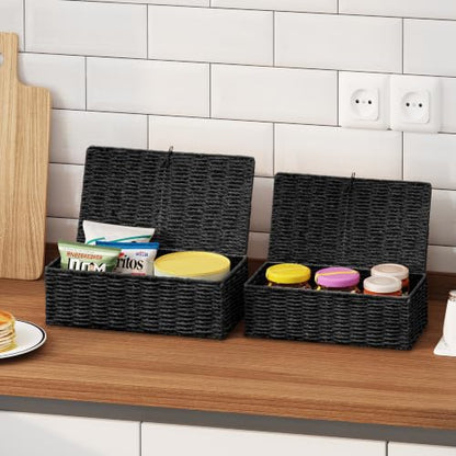 Black Wicker Storage Baskets with Lids - Set of 2 Handwoven Organizers