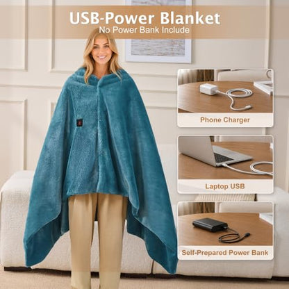 Dusty Blue Heated Faux Rabbit Fur Wearable Blanket with USB & Type-C