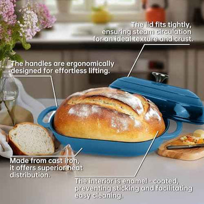 Premium Enameled Cast Iron Dutch Oven for Bread Baking | Non-Stick 2QT Oval Bread Oven with Lid | Perfect for Sourdough, Loaf, and Artisan Baking (Oval Blue, 5 QT)