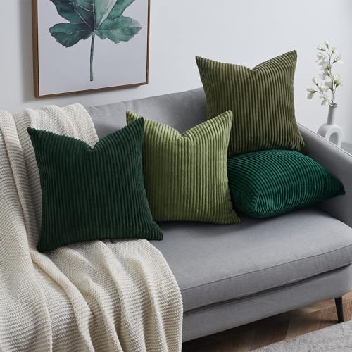 Dark Green Christmas Decorative Throw Pillow Covers Set of 4 20x20 Inches - Winter Fluffy Corduroy Euro Shams for Couch Bed Bedroom