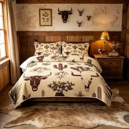 Feelyou King Size Quilt Set with Cactus & Cow Skull Pattern, Sepia Butter Cream