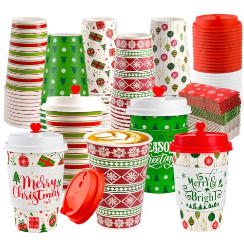 Red Green Christmas Hot Coffee Cups with Lids and Sleeves - 50 Pack, 12oz