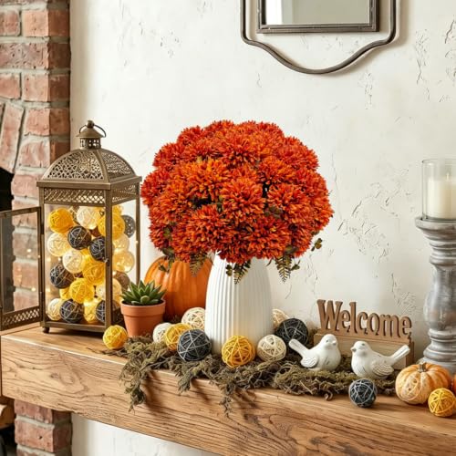 Artificial Fall Mums Flowers Bundle - Burnt Orange Autumn Floral Arrangements for Home & Garden