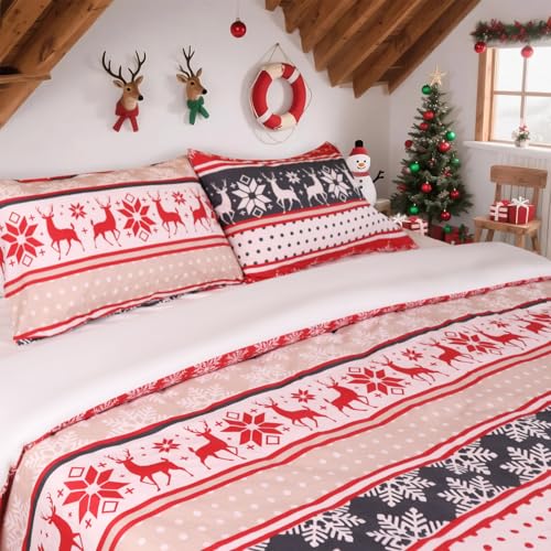 Christmas Stripe Polyester Duvet Cover Set Queen Size - Lightweight Breathable Bedding