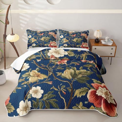 Full Size Bedspread Set - Brown Green Rustic Floral Quilt with Pillow Shams - 3 Pieces