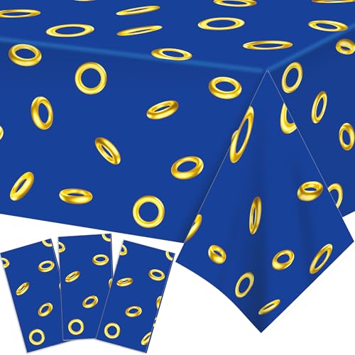 Blue with Gold Ring Tablecloths 3 Pack 54x84 Inch Disposable Waterproof Plastic