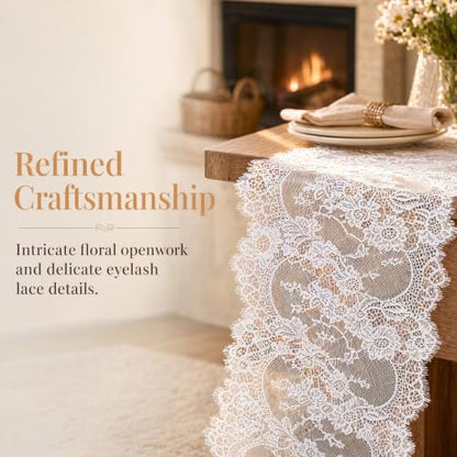 12x120-Inch Off-White Lace Table Runner with Scalloped Edges & Eyelash Trim - Elegant Farmhouse Decor