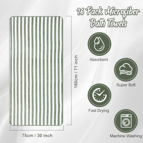 Microfiber Bath Towels Bulk 12 Pack - Sage Green Wide Stripes