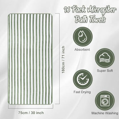 Microfiber Bath Towels Bulk 12 Pack - Sage Green Wide Stripes