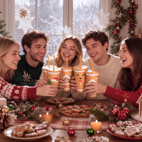Gingerbread Man Christmas Cups with Lids & Straws - 24 oz, 12 Pack