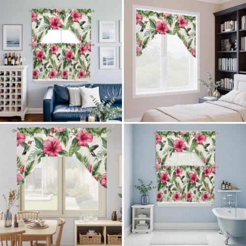 Red Flower Swag Kitchen Curtains Set - 3 Piece Summer Valance & Tier, 56 x 36 Inches, Variation of 27.5W x 24L