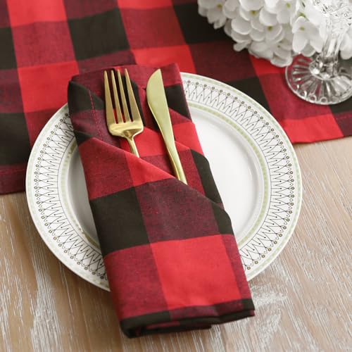 BETRIC Christmas Plaid Cloth Napkins Set of 12 - 20 x 20 Inch Red & Black
