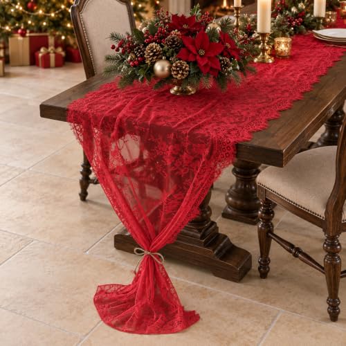 6 Pack Red Lace Table Runners 30x120 Inch for Christmas Holiday Decor