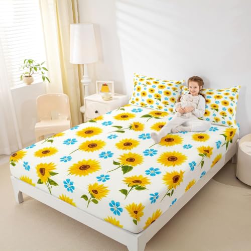 Kids Sunflower Bed Sheets Set King Size Yellow Blue Deep Pocket Microfiber