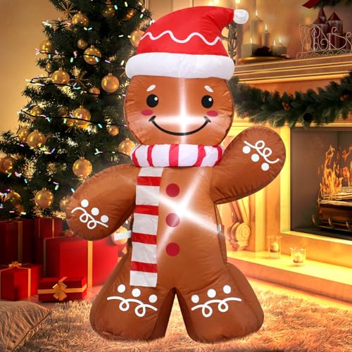 4 ft Inflatable Gingerbread Man Christmas Decoration with Santa Hat & LED Lights