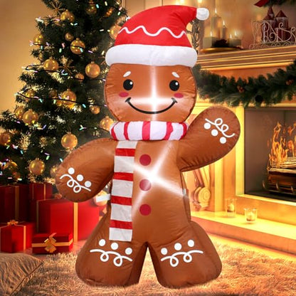 4 ft Inflatable Gingerbread Man Christmas Decoration with Santa Hat & LED Lights