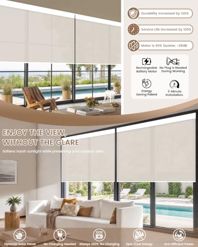 Beige Motorized Blinds with Remote - Solar Shades for Windows