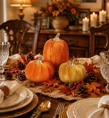 Artificial Mini Velvet Pumpkins Fall Decor - Orange Series Set of 3
