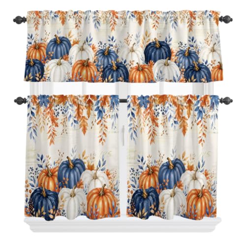 Navy Blue Pumpkin Fall Kitchen Curtain Set - Small Half Curtains with Valance, 24 Inch Length - Pack of 3
