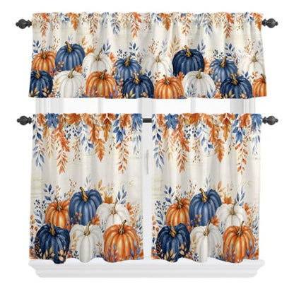 Navy Blue Pumpkin Fall Kitchen Curtain Set - Small Half Curtains with Valance, 24 Inch Length - Pack of 3