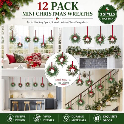 Mini Christmas Wreaths Set - 12 Holiday Decor for Cabinets & Small Spaces