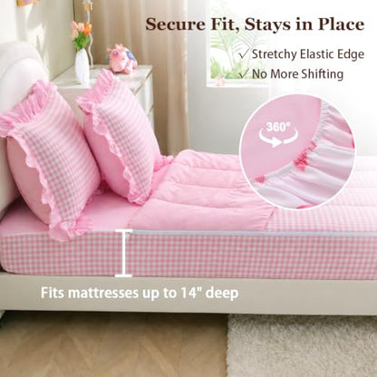 Kids Zipper Bedding Set Twin Gingham Comforter Pink Ruffle for Girls