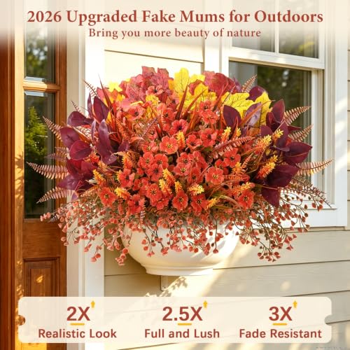 Artificial Fall Flowers Bundle 24pcs Outdoor Decor Autumn Flowers with Maple Leaves