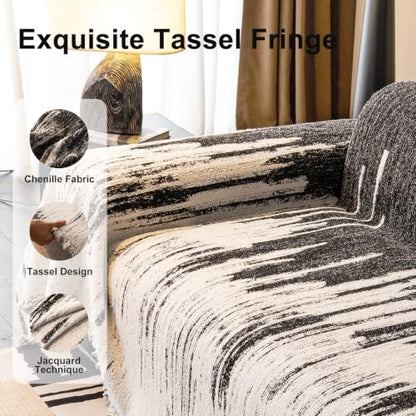 Boho Chenille Sofa Cover 71x134 Inches Washable for Pet Protection - Grey Black