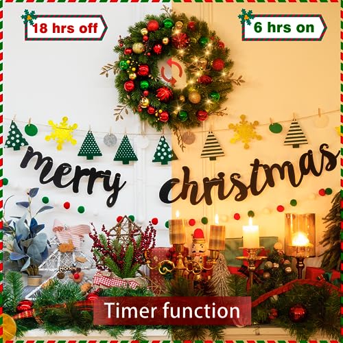 Christmas Door Wreath with LED Lights - Red Gold Green 16 Inch Holiday Decor