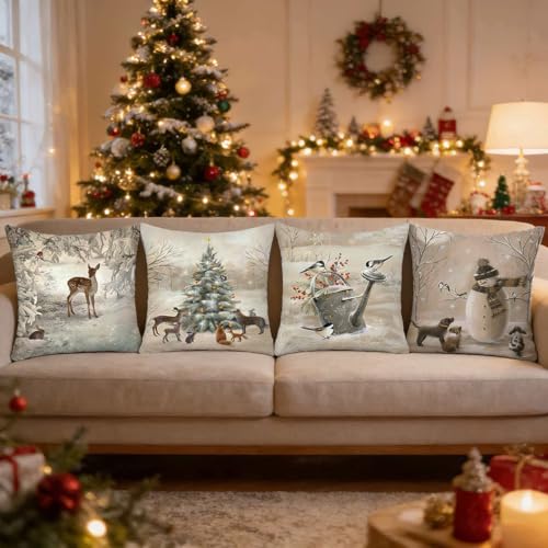 Animals Xmas Throw Pillow Covers Set of 4 - 18x18 Inch Pet Snowman Deer Bird Snow Scene