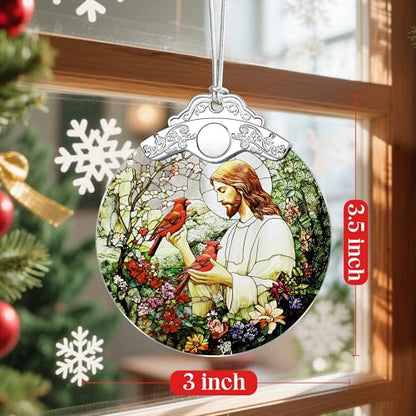 Jesus with Cardinals Religious Christmas Ornament - Christian Holiday Decor - Jesus Pattern D