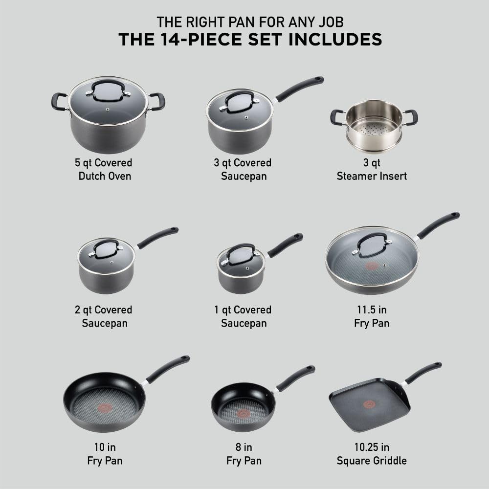 T-fal Ultimate Hard Anodized Nonstick Cookware Set 14 Piece, Oven Broiler Safe 400F, Lid Safe 350F, Kitchen Cooking Set w/ Fry Pans, Saucepans, Griddle, Dutch Oven, Pots & Pans, Dishwasher Safe, Black