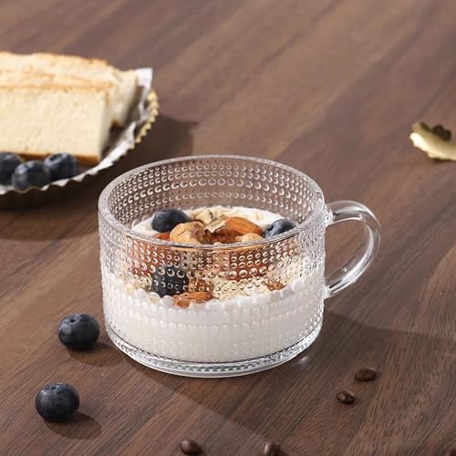 6 Pcs Clear Embossed Glass Coffee Mugs with Handle - 14oz Drinkware Set