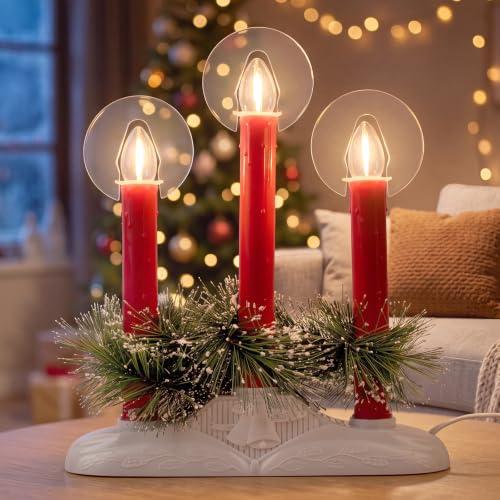 Christmas Window Candles Set - Red Electric Candle Lights with 3 Bulbs - Safe & Flicker-Free, Plug-In Holiday Decor