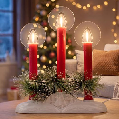Christmas Window Candles Set - Red Electric Candle Lights with 3 Bulbs - Safe & Flicker-Free, Plug-In Holiday Decor