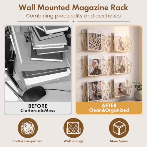 Gold Wall Mounted Magazine Rack - Metal Wall Organizer for Living Room, Office, Vanity