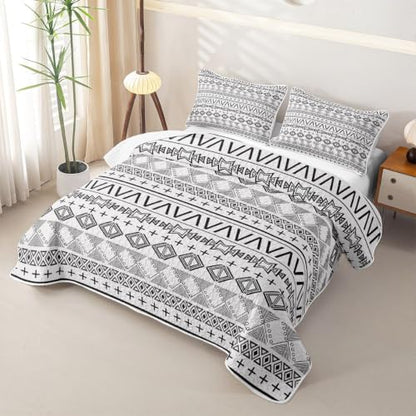 White Black Boho Geometric Quilt Set Twin with Pillowcase - Modern Bedding