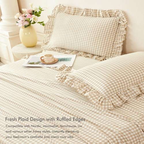 Tan Gingham Full Bed Sheet Set with Ruffle Trim - 4 Piece Farmhouse Bedding
