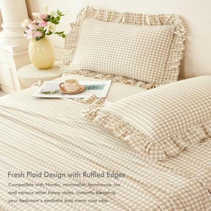 Tan Gingham Full Bed Sheet Set with Ruffle Trim - 4 Piece Farmhouse Bedding
