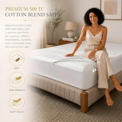 Cloud White King Zip Fitted Sheets 76x80 Inch Deep Pocket Luxury Cotton Blend Satin