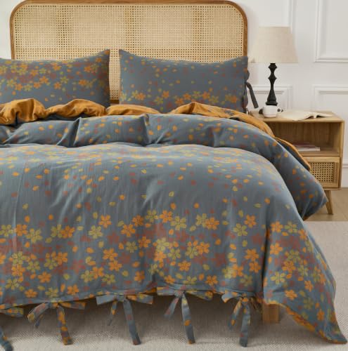 Vintage Cottage Botanical Muslin Bedding Queen Set with Pillowcases - Orange, Yellow, Blue - 3 Pieces