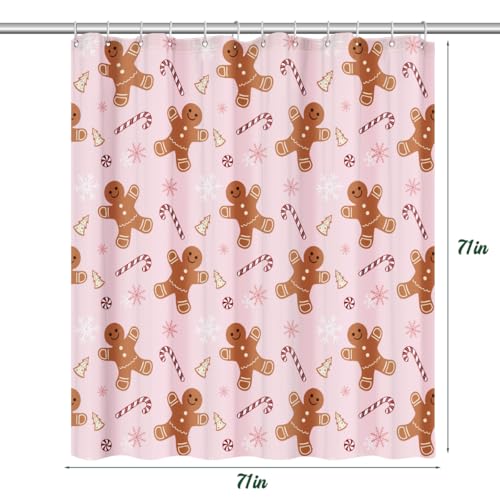 Christmas Shower Curtain Set - Pink Gingerbread Man Candy Cane Bathroom Decor, 72x72 Inches