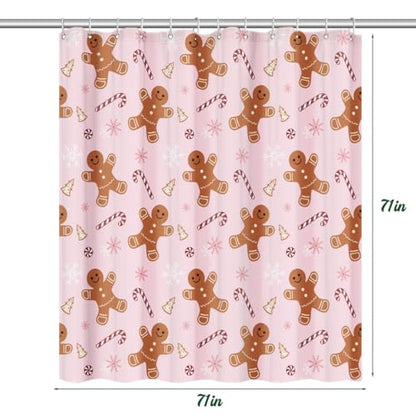 Christmas Shower Curtain Set - Pink Gingerbread Man Candy Cane Bathroom Decor, 72x72 Inches