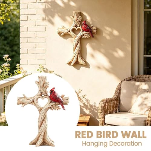 Hand-Carved Wood Garden Decor with Heart Tree and Cardinal