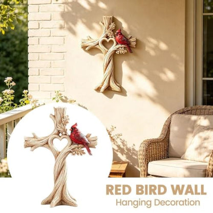 Hand-Carved Wood Garden Decor with Heart Tree and Cardinal