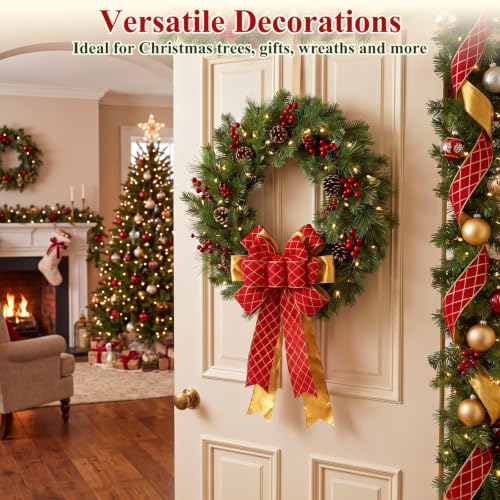 Diamond Grid Velvet Wired Christmas Ribbon - Red Gold Check, 2 Rolls, 2.76" x 10 Yards