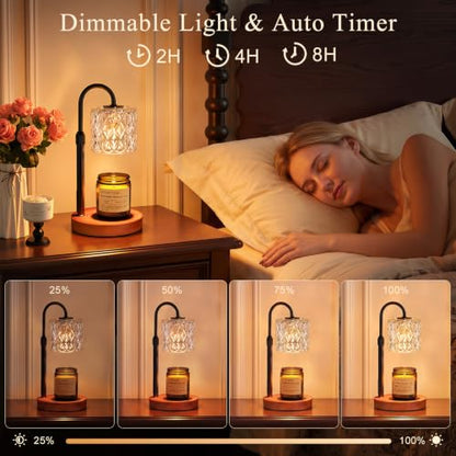 Walnut Candle Warmer Lamp with Timer - Clear Glass Shade, Dimmable & Adjustable Height